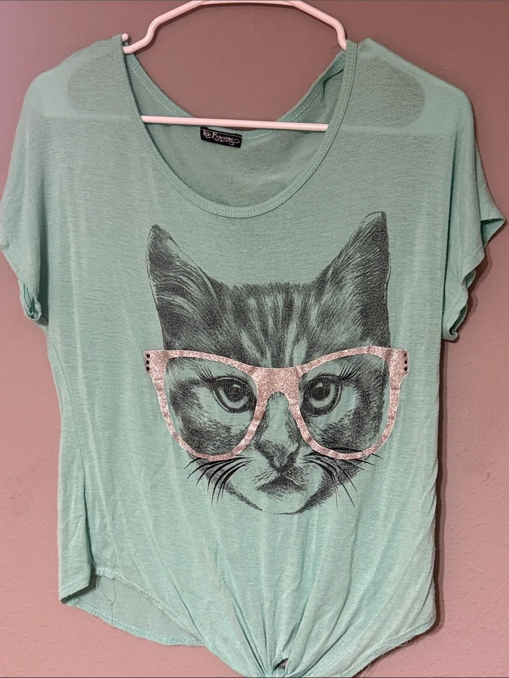 Cat Graphic Tee in Mint Green with Pink Glasses - Unbranded